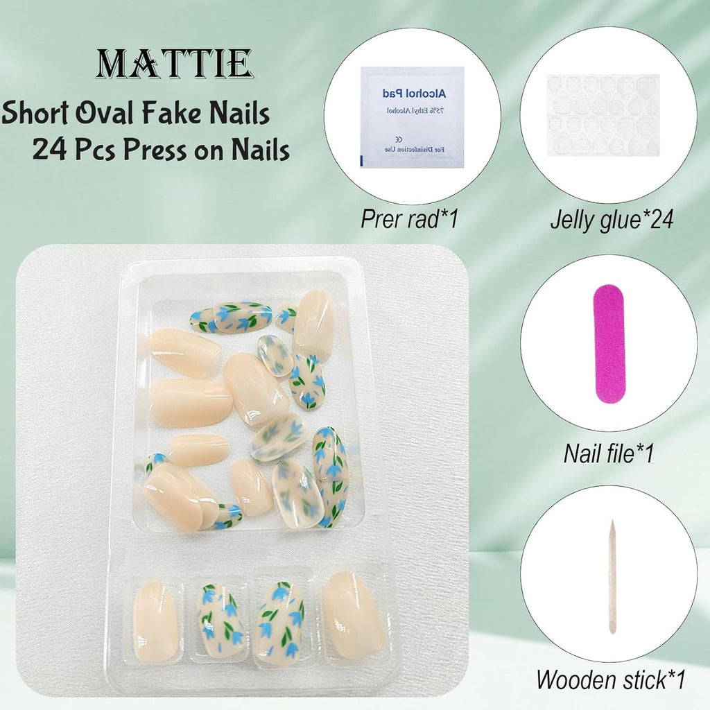 Chic Blue Floral Press On Nails - Short Round Glossy Full Cover Design - 24 Pcs Artificial Stick On Nails for Effortless Style