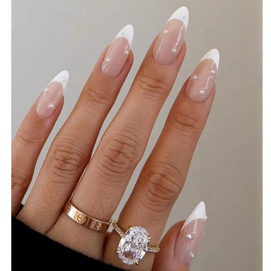 Chic Almond Press-On Nails with Classic White French Tips - 24 Pcs Pearl Design Acrylic Nail Set for Effortless Elegance