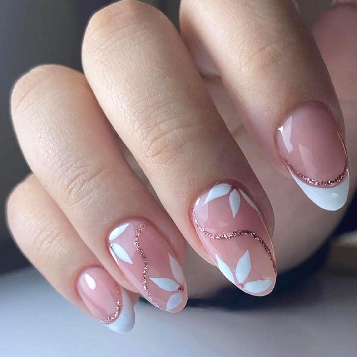 Chic Blue Floral Press On Nails - Short Round Glossy Full Cover Design - 24 Pcs Artificial Stick On Nails for Effortless Style