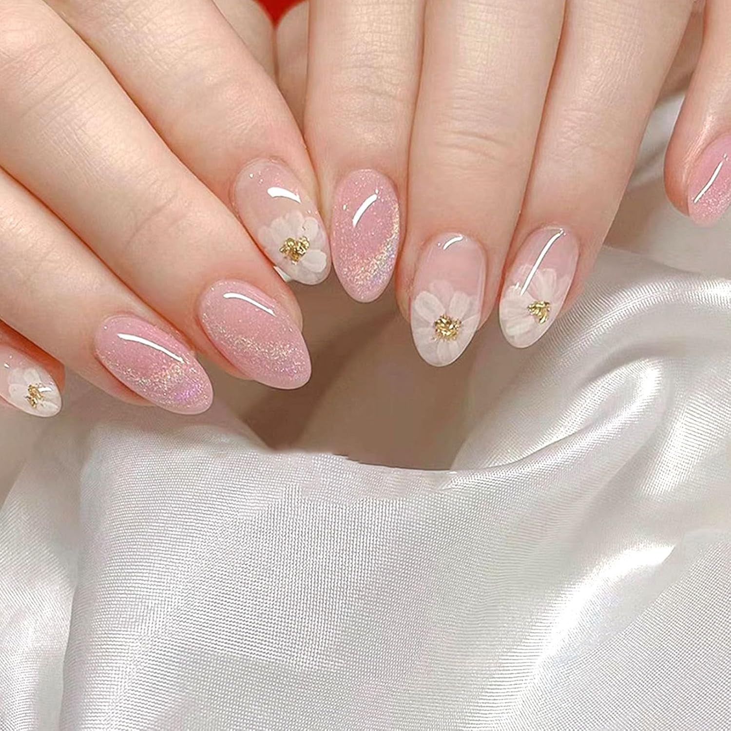 Chic Blue Floral Press On Nails - Short Round Glossy Full Cover Design - 24 Pcs Artificial Stick On Nails for Effortless Style