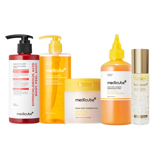 Medicube Smooth & Clear Body Care Set – Hypochlorous Acid Body Peel Shot, Kojic Acid Turmeric Body Wash, Toner Pad, Toner & Mist – Exfoliating K-Beauty Set for Uneven Skin Tone & Body Breakouts