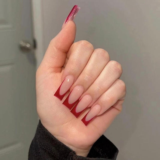 Elevate Your Style with Gothic Glam: MERVF Red French Tip Squoval Press-On Nails - 24PC Glossy Acrylic Set