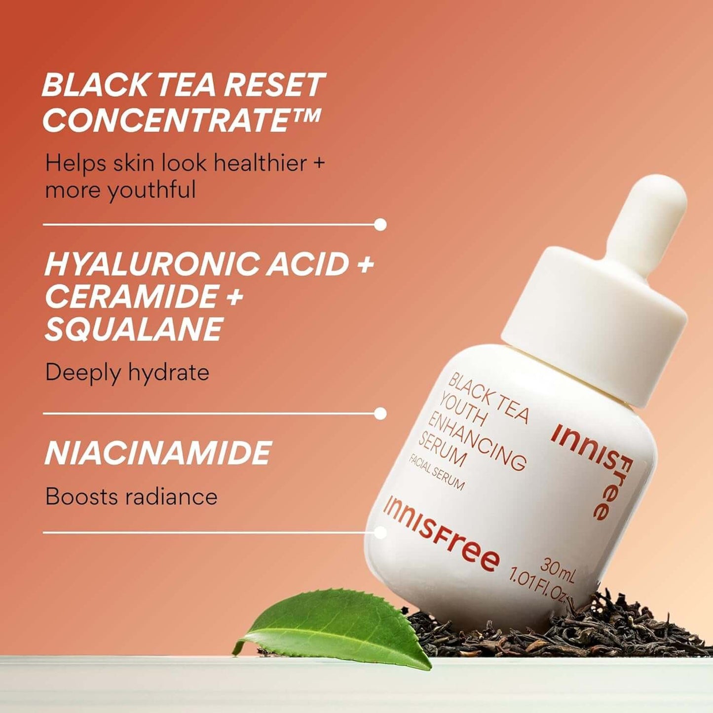 Innisfree Black Tea Youth Serum - Korean Anti-Aging Elixir with Niacinamide for Radiant, Firm, Hydrated Skin and Visible Renewal