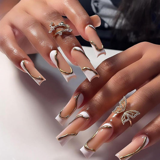 Transform Your Look with Extra Long Aegenacess Handmade Square Press-On Nails - Stunning 3D Gold Swirls in Chic Nude & White Finish - 24 Pieces in 12 Sizes for Effortless Style!