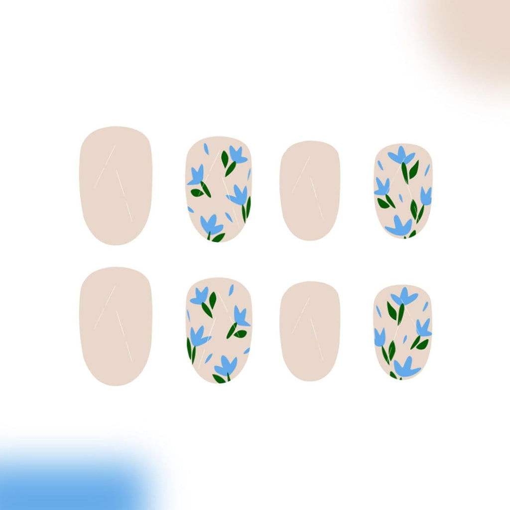 Chic Blue Floral Press On Nails - Short Round Glossy Full Cover Design - 24 Pcs Artificial Stick On Nails for Effortless Style
